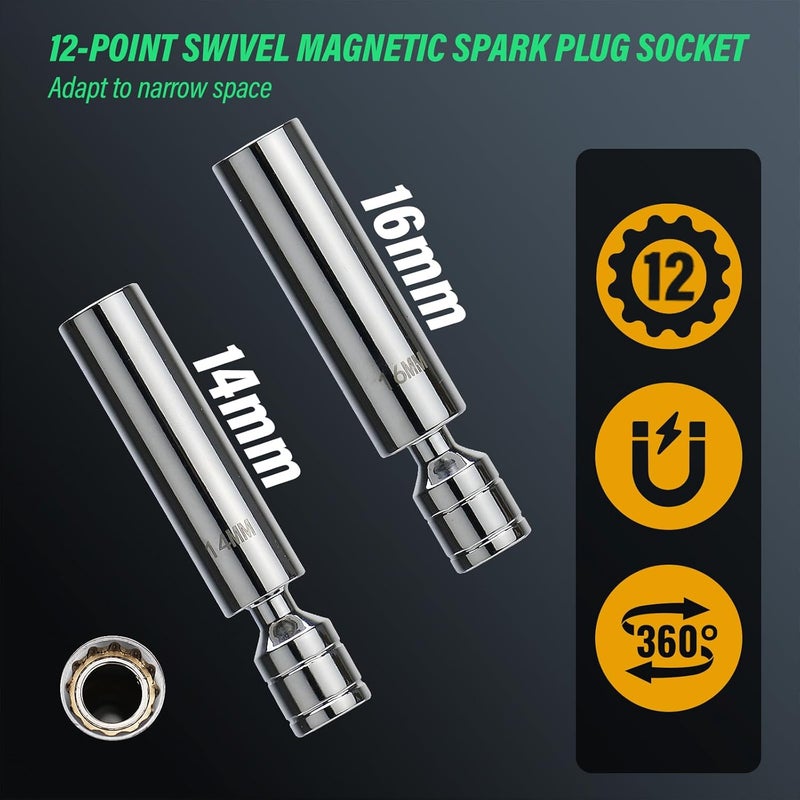 VETOR 14PCS 3/8 Drive Torque Wrench 5-45ft.lb, Magnetic Spark Plug Socket Set with 3/8" Universal Joint & 10" Extension Rod, Cr-V Steel Swivel Sockets for Automotive Tools - Image 3